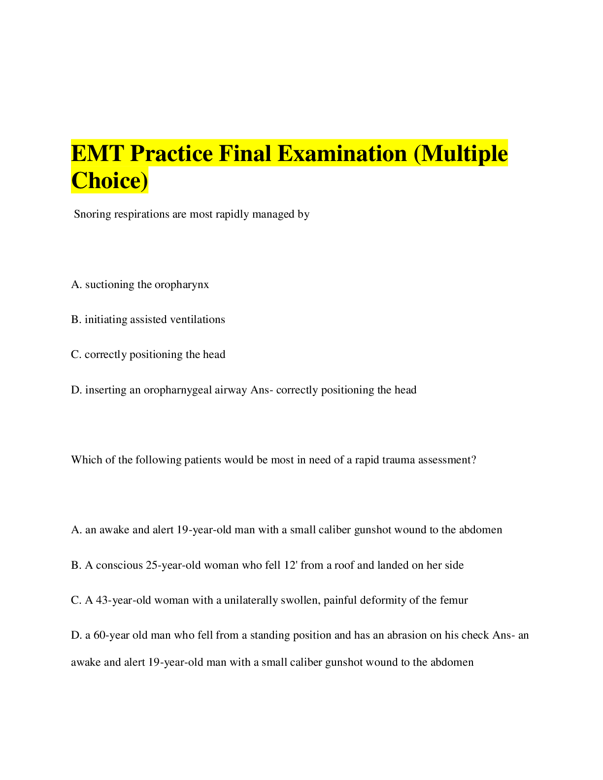 Preview image for EMT Practice Final Examination (Multiple Choice